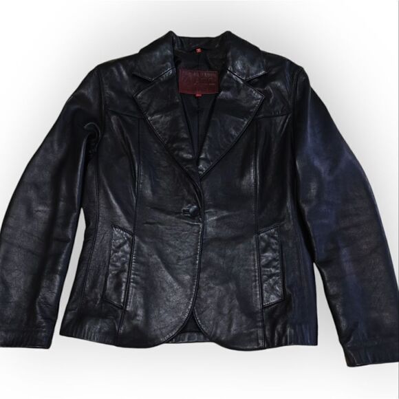 Classic 100% Genuine Leather Lambskin one button black blazer jacket sz L zJazz - Picture 2 of 8